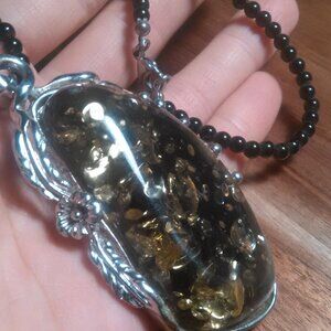 Simulated Amber and Black Beaded Necklace (24 Inch)